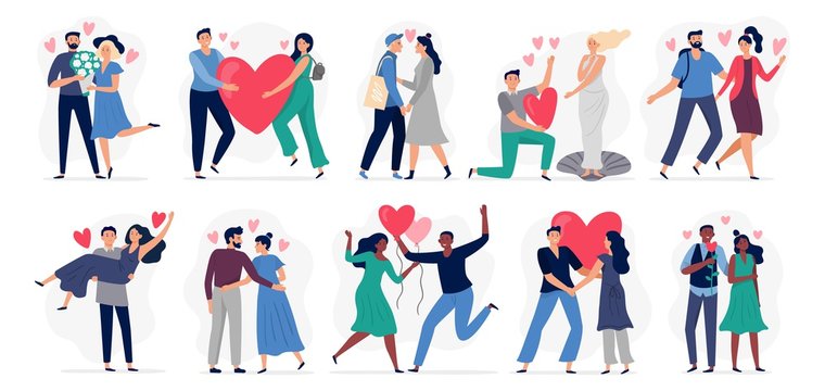 People in love. Vector illustration set. Woman and man. Relationship boy and girl, young cartoon smiling with hearts. Happy situation female and male