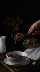 Chocolate granola in white bowl. Dark key photo style. cozy home, homemade breakfast