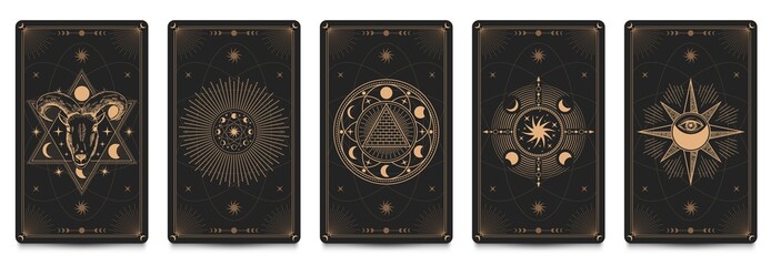 Mystic frame card. Vector illustration set. Divination and prediction cards with emblem mysterious, spirituality esoteric, masonic alchemy symbol - obrazy, fototapety, plakaty
