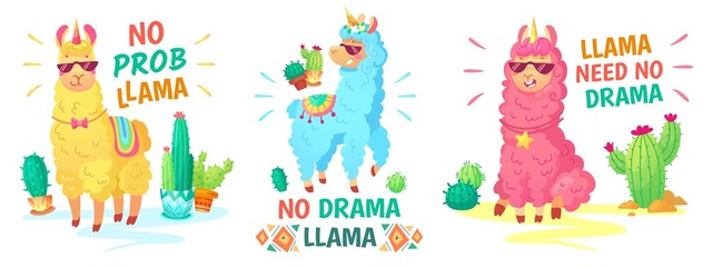 Llama poster. No drama llama and no prob llama vector illustration set. Alpaca character, lama no drama, funny and happy colored animal © Tartila