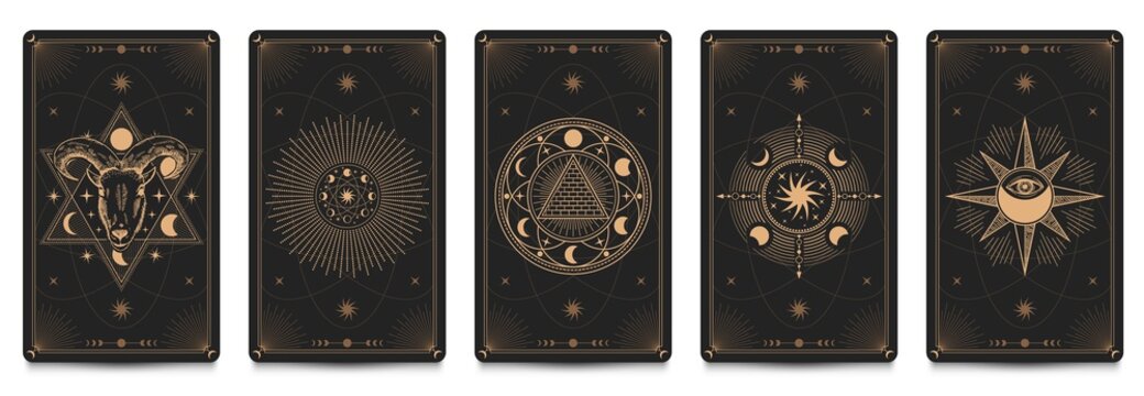 Mystic frame card. Vector illustration set. Divination and prediction cards with emblem mysterious, spirituality esoteric, masonic alchemy symbol