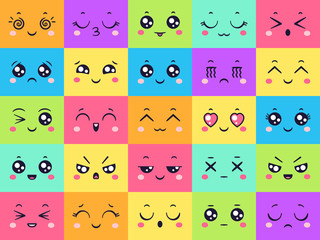Cute colored faces collection, emoticon emotion. Funny happy smile, emoticon expression, comic smiley face, cheerful emoji, vector illustration