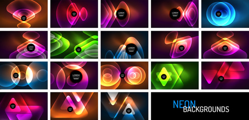 Set of glowing neon shiny transparent abstract geometric shapes with light effects. Techno futuristic vector backgrounds For Wallpaper, Banner, Background, Card, Book Illustration, landing page