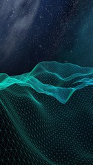 Abstract landscape on a dark background. Cyberspace grid. hi tech network. Outer space. Vertical orientation. Starry outer space texture. 3D illustration