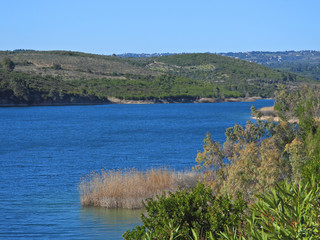 Beautiful dam of Marathon or Marathonas an artificial water reservoir of Athens, Attica, Greece
