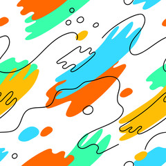 Cute simple seamless pattern with hand drawn bright multicolor spots. Cute image with abstract repeating shapes. Stock vector illustration for wrapping, kids room wallpaper, social media post template