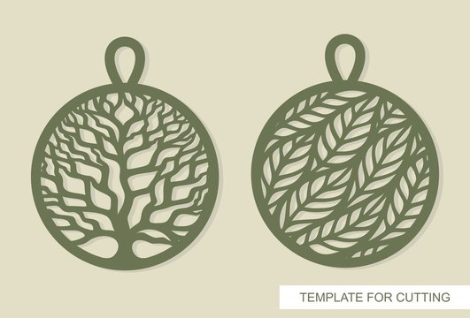 Set of pendants with a tree of life in a round frame and a pattern of leaves. Openwork template for laser cutting, metal engraving, wood carving, plywood, cardboard, paper cut. Vector   illustration.