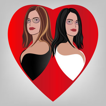 Two Beautiful Twin Sisters Love Illustration Gemini Zodiac Sign