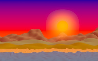 Fototapeta na wymiar Sun Sea Beach. Sunrise. Ocean shore line with waves on a beach. Island beach paradise with waves. Vacation, summer, relaxation. Seascape, seashore. Minimalist landscape, primitivism. 3D illustration