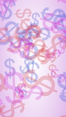 Multicolored translucent dollar signs on white background. Red tones. 3D illustration
