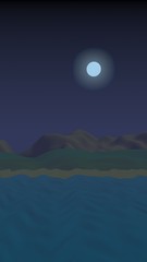 Starry moonless sky. Ocean shore line with waves on a beach. Island beach paradise with waves. Vacation, summer, relaxation. Seascape, seashore. Minimalist landscape, primitivism. 3D illustration