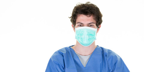 man doctor nurse wearing blue medical protective mask clothing to health protection from Coronavirus COVID-19 influenza virus epidemic infectious diseases