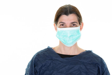 Respiratory protection doctor woman wearing medical mask coronavirus covid-19 concept aside copy space