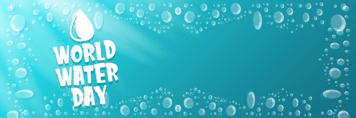 World water day horizontal banner design template. 22 march International water day concept horizontal vector illustration with text and water bubbles on blue water background.
