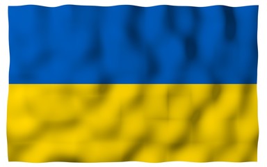 The flag of Ukraine on a white background. National flag and state ensign. Blue and yellow bicolour. 3D illustration waving flag