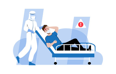 Concept Of Global Epidemic. Hospital Worker In Virus Disposable Coverall Clothing Medical Protective Suit Is Carring An Infected Patient On Stretcher. Cartoon Linear Outline Flat Vector Illustration