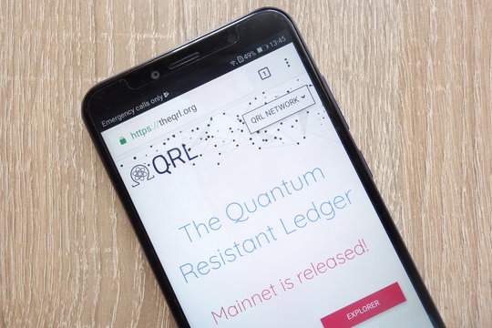 KONSKIE, POLAND - JULY 14, 2018: Quantum Resistant Ledger (QRL) cryptocurrency website displayed on a modern smartphone