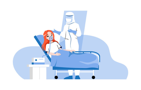 Global Epidemic Concept. Hospital Worker In Virus Disposable Coverall Clothing Medical Protective Suit Near Infected Patient Connected To Ventilator. Cartoon Linear Outline Flat Vector Illustration