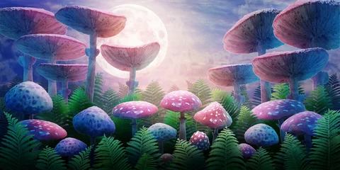 Foto op Aluminium fantastic wonderland landscape with mushrooms and moon. illustration to the fairy tale "Alice in Wonderland" © svetlanasmirnova