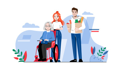 Concept Of Elderly People Help. Senior Woman In Wheelchair With Caring Volunteers Outdoor. Young People Take Care Of Woman. Support Of Old Aged People. Cartoon Linear Outline Flat Vector Illustration