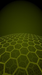 Multilayer sphere of honeycombs, yellow on a dark background, social network, computer network, technology, global network. 3D illustration