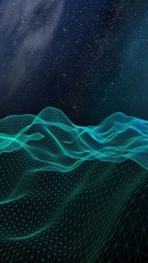 Abstract landscape on a dark background. Cyberspace grid. hi tech network. Outer space. Vertical orientation. Starry outer space texture. 3D illustration