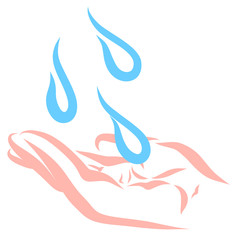 three drops of water fall on a palm, hand washing or rain or rite