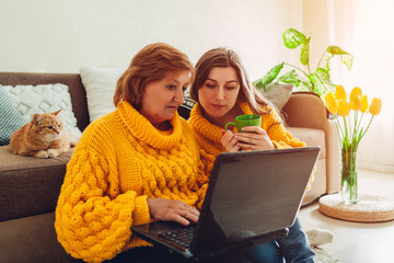 Mother's day concept. Senior mother and her adult daughter using laptop checking news at home while drinking tea.