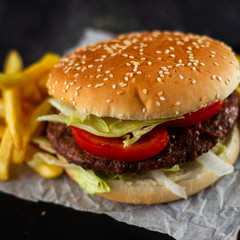 Tasty burger with tomatoes and lettuce