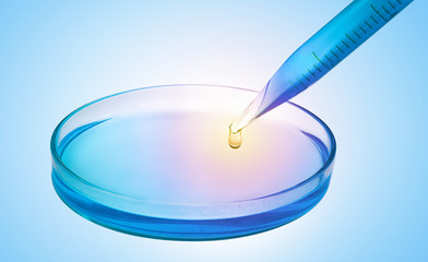 close up of petri dish and dripping graduated pipette