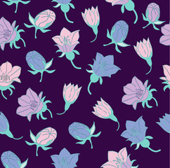 Obraz na płótnie Canvas floral seamless pattern of blue and lilac bells on a white dark background for decorating stencils and postcards