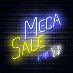 Mega sale neon glowing banner on brick wall, up to 70% off. Vector illustration.