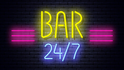 Neon glowing sign is bar 24 hours, 7 days a week on brick wall. Vector illustration.