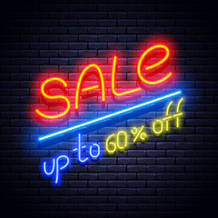 Obraz na płótnie Canvas Neon sale signboard, up to 60% off. Vector illustration.