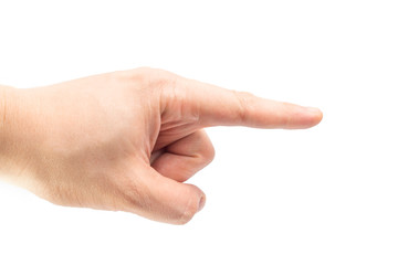 male hand points to the side with index finger on a white background isolate