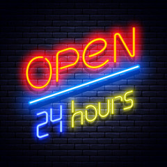Fototapeta na wymiar Open 24 hours neon glowing signboard on brick wall. Vector illustration.