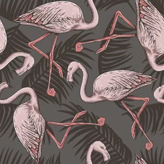 Fotobehang Flamingo Roze flamingo en palmbladeren naadloos patroon