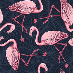 Pink flamingo and palm leaves seamless pattern © Casoalfonso