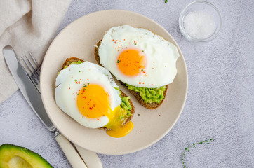 Avocado toast with fried egg and sea salt on a plate on a grey background. A healthy breakfast or lunch. Horizontal orientation