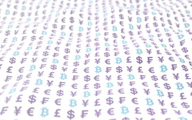 Bitcoin and currency on a white background. Digital crypto currency symbol. Wave effect, currency market fluctuations. Business concept. 3D illustration