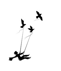 dream flying concept, boy on the swing is flying away and holding pigeons, fly in the dream land, shadows,
