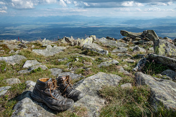 A panorama over a deep valley and the Tatra Mountains seen from the Babia Gora mountain (Sudety)...
