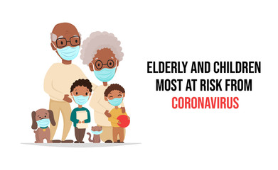 Coronavirus in China and in whole world. Elderly and children are in group risk. African black grandparents and kids wearing a medical blue mask for prevent virus. Vector flat cartoon illustration