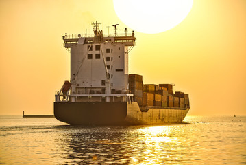 Sunset ship on the sea transport