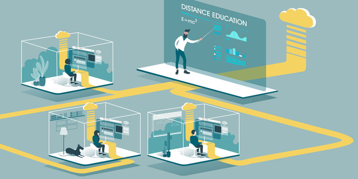 Technical Illustration explaining how cloud computing enhancing our ability to learn and work anywhere. Isometric layout explaining the principle of distance education in the home through the cloud.