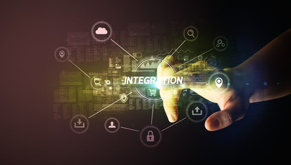 Hand touching INTEGRATION inscription, Cybersecurity concept