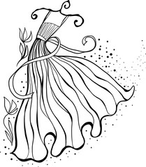 Elegant silhouette dress on hanger with flowers and dots. Wedding tailor shopping design