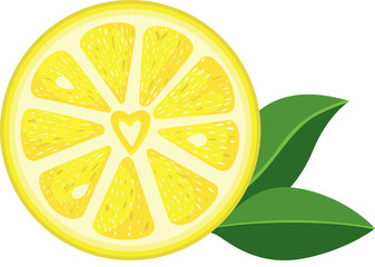 Slice of lemon with heart and green leaves