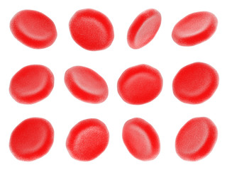 Blood cells isolated on a white background. Red blood cells from various angles. 3D illustration.