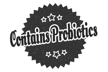 contains probiotics sign. contains probiotics round vintage retro label. contains probiotics